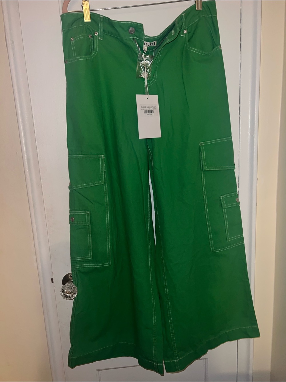 Wide leg, green denim pants